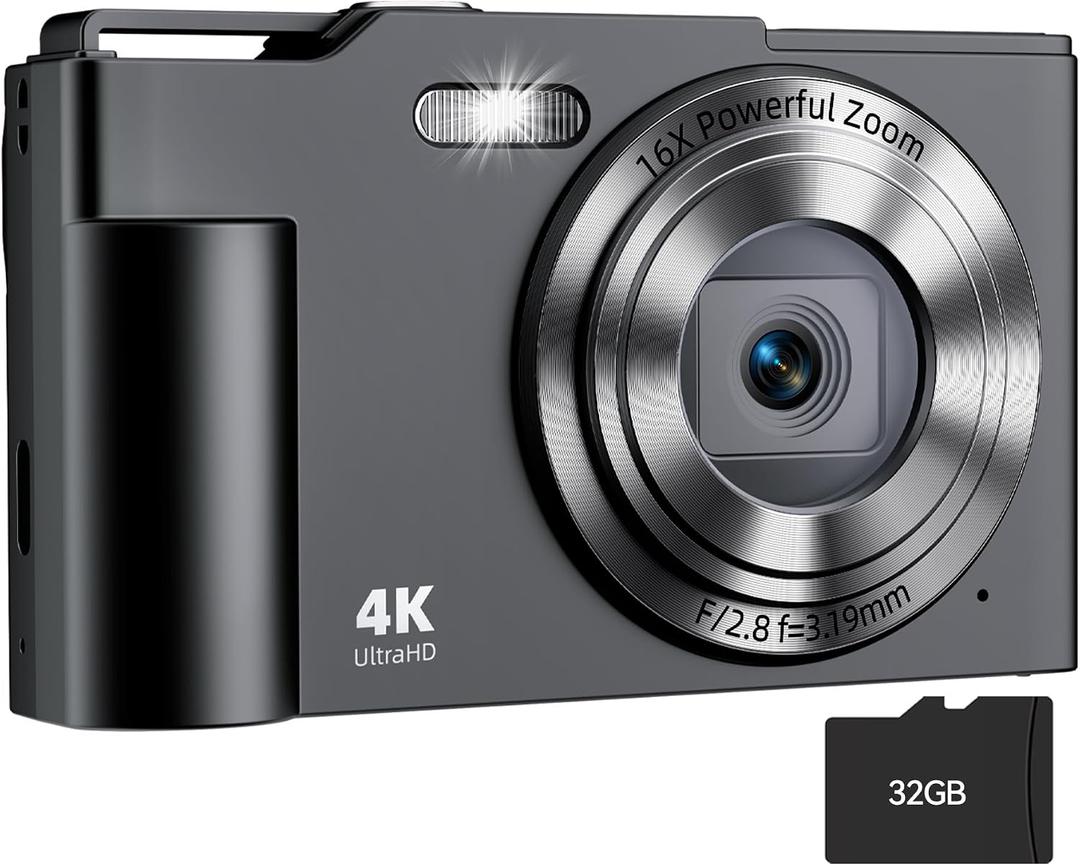 Digital Camera, FHD 4K Digital Point and Shoot Camera with 16X Zoom Anti Shake, 48MP Compact Small Camera with 32GB Card for Boys Girls Kids, Black