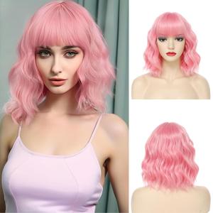 Short Pink Wavy Wigs with Bangs Pink Bob Wig for Women 12 Inch Colored Wig Synthetic Fiber Hair Wigs for Halloween Cosplay Use