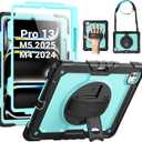 SEYMAC Case for iPad Pro 13 Inch M5 2025 / M4 2024, Heavy Duty Shockproof Protective Case with Screen Protector, 360 Rotating Stand, Hand/Shoulder Strap and Pen Holder, Light Blue (Black / Sky Blue)