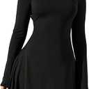 SOLY HUX Women's Long Sleeve Mini Dress Elegant Lace Up Crew Neck Work Office Dresses L