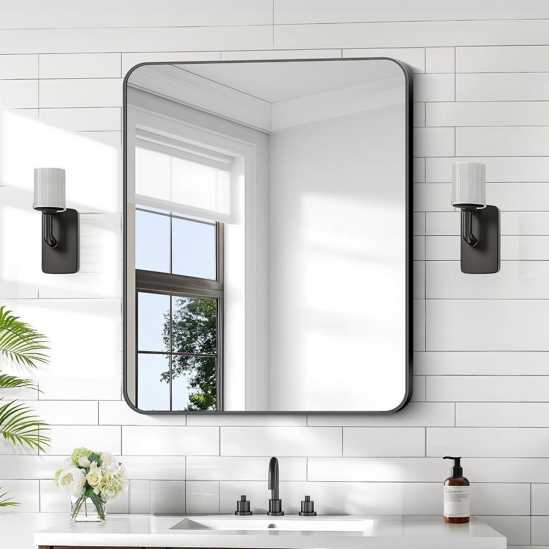 KOCUUY 30x36 Inch Rectangle Bathroom Mirror with Black Metal Frame,Modern Design of Wall Mounted Upgraded Shatterproof Glass, Rounded Corners for Bedroom, Living Room, Entryway