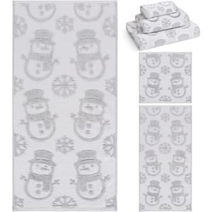 Newwiee 3 Pack Winter Snowman Bathroom Towels Set Light Gray 100% Cotton Jacquard Decorative Bath Towels Christmas Hand Towel Washcloth for Bathroom Kitchen Gym Spa Xmas Holiday Winter Gift