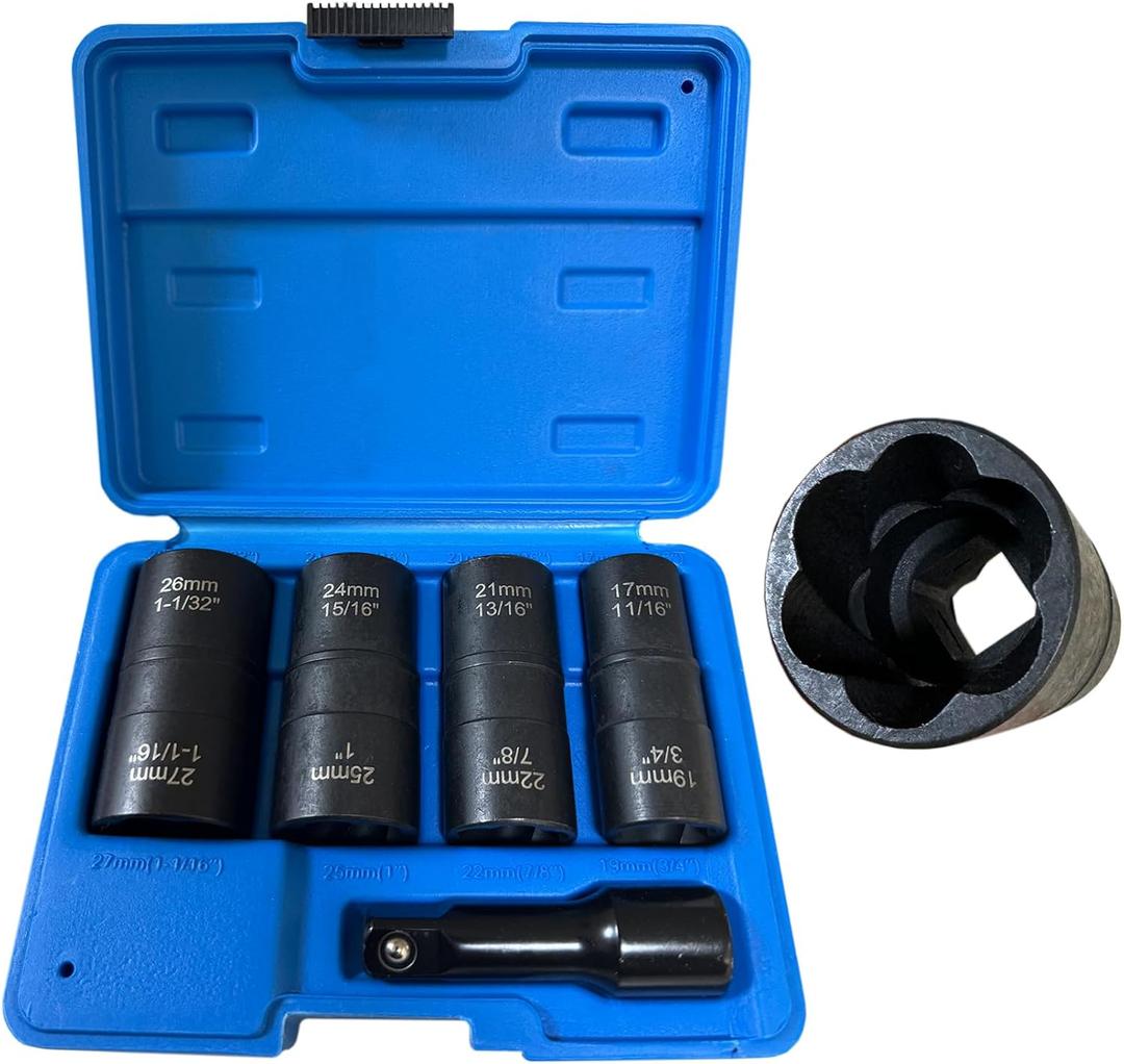 Flip Edition Lug Nut Remover, 5 pcs 1/2" Drive Wheel Lock Removal Kit, Thin Wall Socket for Removing Damaged Rounded-Off Bolts, Nuts & Screws and Other Fasteners, Impact Double Size Extractor Socket