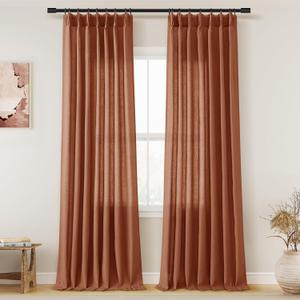 Terracotta Pinch Pleat Linen Curtains 96 Inch Length 2 Panels Set for Bedroom Dinging Room Semi Sheer Boho Farmhouse Neutral Window Curtains 96 Inches Long for Living Room Nursery 40x96