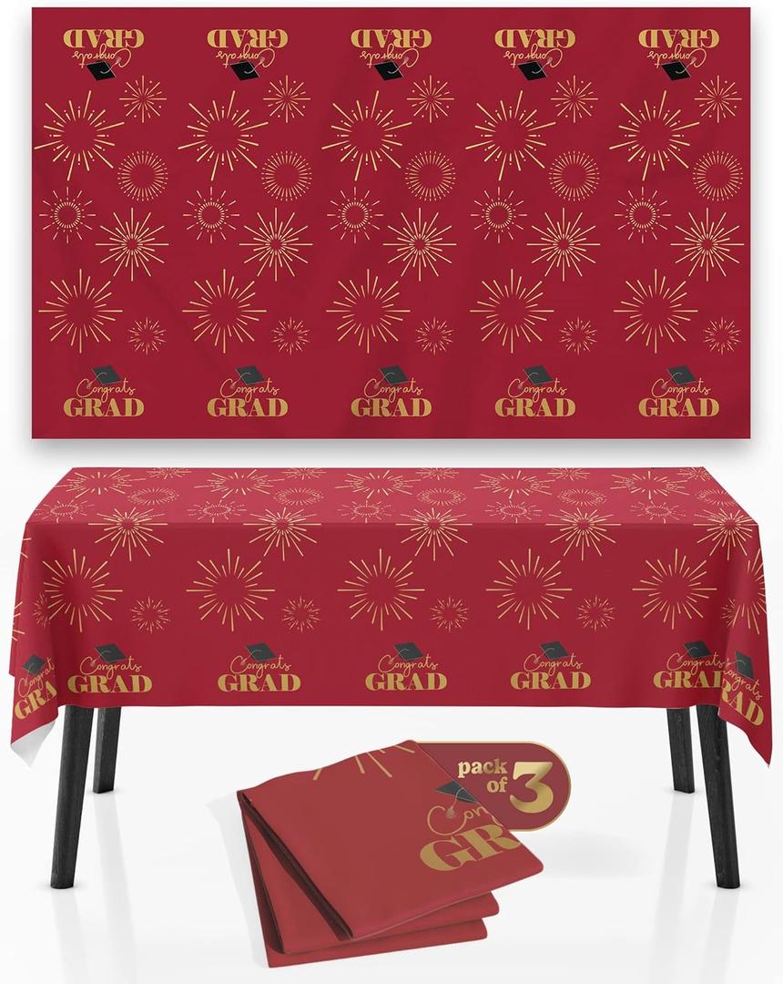 House of Party Graduation Tablecloth 3PCS | 54"x108" Maroon Congrats Grad Tablecloths | Graduation Tablecloth Class of 2024 | Graduation Table Cover Fireworks Design for Graduation Table Decorations