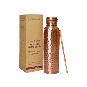 100% Pure Copper Water Bottle for Drinking – Extra Large 34 Oz Wide Mouth, Hammered Ayurvedic Copper Water Bottle with Straw – Handcrafted Leak-Proof Vessel, Reusable & BPA-Free