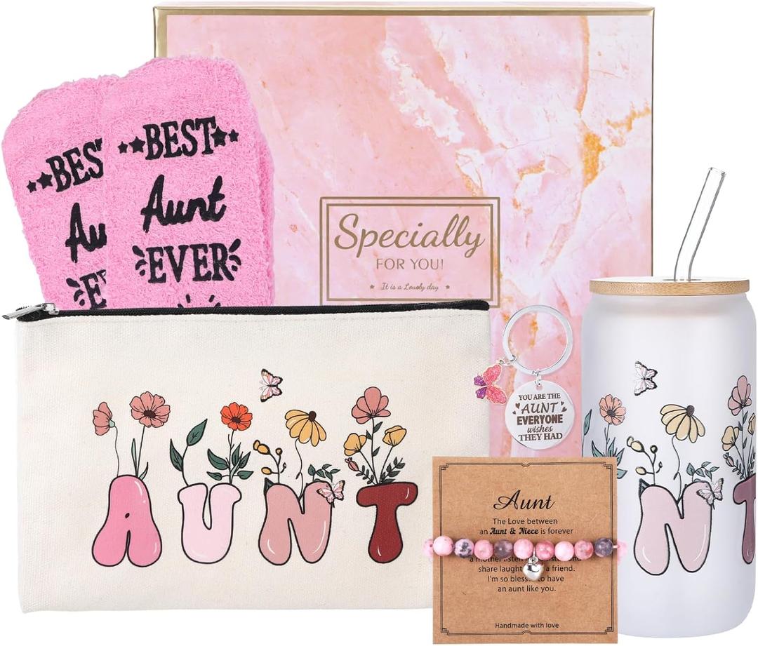 6 Pcs New Year Best Aunt Ever Gifts, Valentine'S Day Birthday Gifts for Aunts from Niece Nephew, Aunts Birthday Gift Aunt Birthday Auntie Gift Ideas Cup Makeup Bag Bracelet Keychain for Women