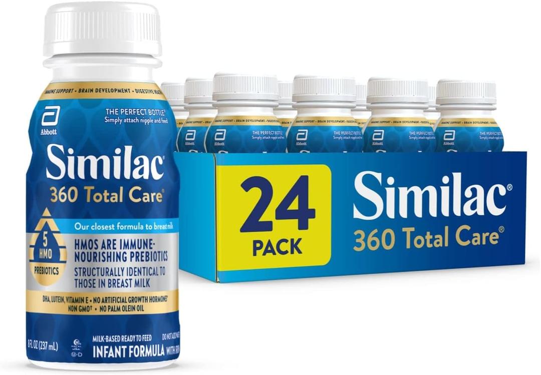 Similac 360 Total Care Infant Formula, Has 5 HMO Prebiotics, Our Closest Prebiotic Blend to Breast Milk, Non-GMO, Baby Formula, Ready to Feed, 8-fl-oz Bottle, Pack of 24, EXP 1/JUN/2026