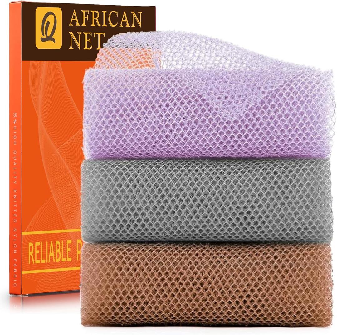 UJFQBH 3 Pieces African exfoliating net African Net Long Net Bath Sponge Exfoliating Shower Body Scrubber Back Scrubber Skin Smoother,Great for Daily Use (PurpleGrayBrown)