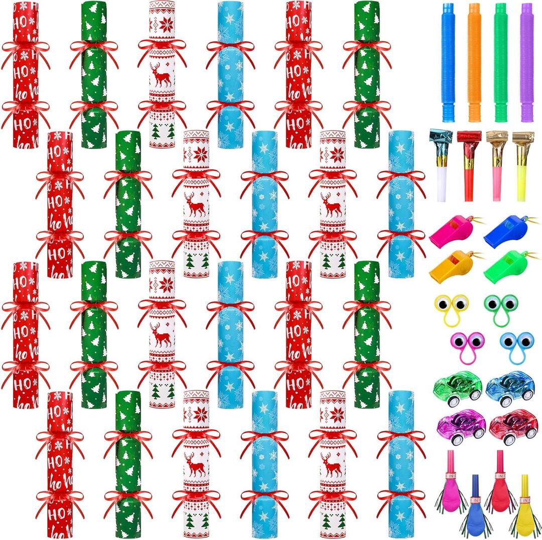 Syhood 24 Pack Christmas No Snap Party Table Favors with Prizes Christmas No Snap Crackers with 24 Pcs Little DIY Xmas Crackers Holiday Table Favors Set for Party(Classic Pattern)