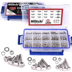 Hilitchi 705-Pcs M3 M4 M5 Hex Hexagon Head Cap Machine Screws Bolts Nuts Flat and Lock Washers Assortment Kit, 304 Stainless Steel, 8 to 20mm Length, Full Thread