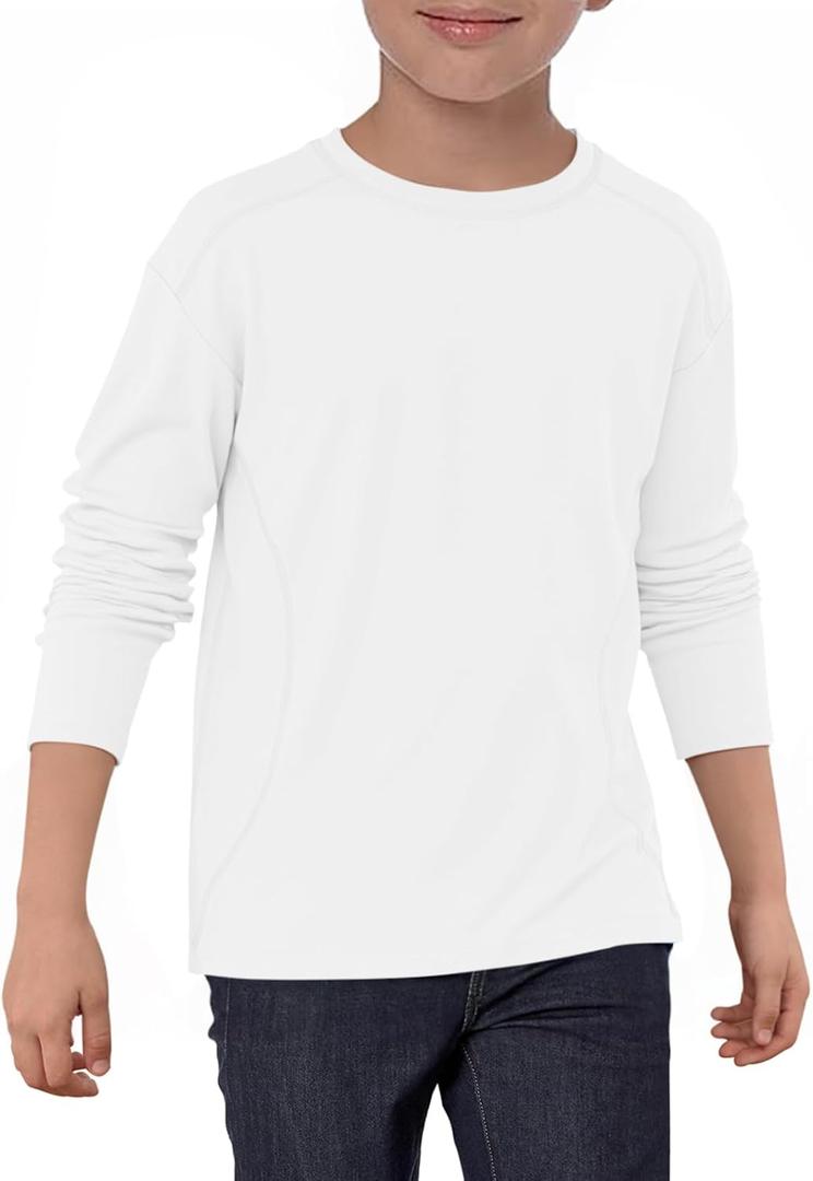 Haloumoning Boys Long Sleeve Shirts Kids Crewneck Oversized Casual Tees Fall Fashion Shirt Tops 5-14 Years (White)