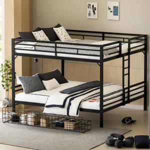 Queen Over Queen Bunk Bed with Drawer and Design Sense Headboard for Adult Teenagers Bedroom,Metal Bed Frame w/Safety Guardrails for Girls, Boys,Modern Style Bed/No Box Spring Required,Black