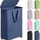 Vincona Slim Laundry Hamper with Lid and Wheels, Small Rolling Laundry Basket with Handle for Small Spaces, Tall Dirty Clothes Hampers for Dorm, Bathroom and Bedroom, 75L, Blue