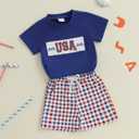 Toddler Baby 4th of July Outfit Boy Girl USA Short Sleeve T-shirt With Plaid Shorts Patriotic Baby Clothes