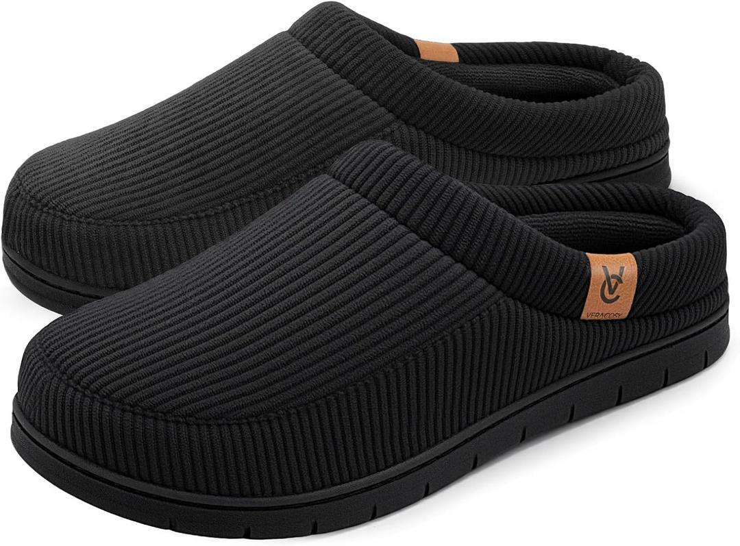 VeraCosy Men's Moccasin Slippers Comfy Soft Durable Slip-on Indoor Memory Foam House Shoes (9-10, Matt Black)