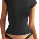 Womens Double Lined Mock Turtle Neck Tops Slim Fitted Cap Sleeve Shirts Going Out Tees Y2k Summer Clothes 2025 (Small, Black)