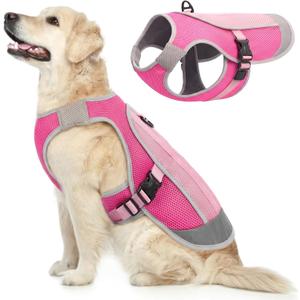 Kuoser Dog Cooling Vest for Dogs, Lightweight Dog Cooling Harness Shirt with Reflective Stripe, Breathable Mesh Cooler Jacket Pet Cool Vest for Small Medium Large Dogs Summer Hot Weather, Pink 2XL