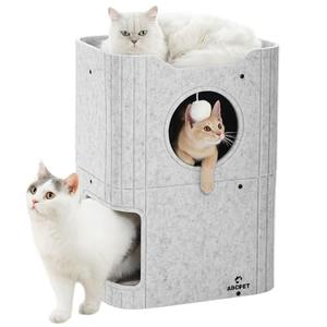 ABCPET Cat House for Indoor Cats, Cat Condo Cat Bed Cave, Felt Cats Hideaway Condo with Resistant Scratching Freedom Kitten Cube & Hanging Ball, Light Gray
