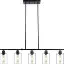 3WWWUEE 39.4" Kitchen Island Lighting, 5 Lights Clear Glass Pendant Light Fixtue, Black Linear Metal Chandelier for Dining&Living Room Foyer, Height Adjustable, E26 Socket