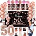 WOJOGO 50th Birthday Decorations for Women - 40pc Rose Gold Party Decor Set with Happy 50th Birthday Banner Cake Topper Number 50 Balloons Sash Honeycomb Centerpieces Hanging Swirls and Large Backdrop