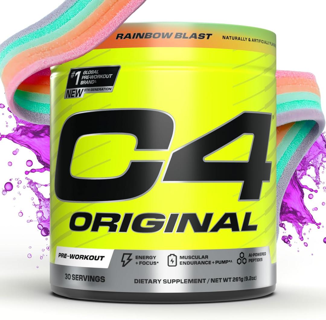 C4 Original Pre Workout Powder Sugar Free for Men & Women 200mg Caffeine + CarnoSyn Beta-Alanine + Creatine + AI Peptides - Rainbow Blast, 30 Servings (9.2 Ounce (Pack of 1))