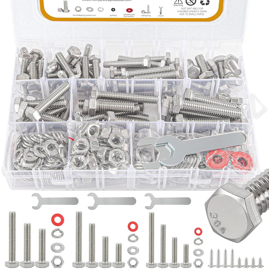 300pcs Hex Bolts and Nuts kit,304 Stainless Steel 1/4-20, 5/16-18,3/8-16 Bolts and Nuts Assortment kit (Lock & Flat Washers), Stainless Bolt Assortment, Stainless Steel Bolts and nut kit
