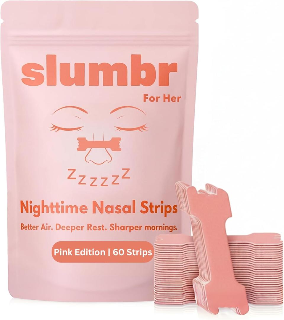 Slumbr Nasal Strips (60 Count)  Slim Fit Design for Smaller Noses  Extra-Strength Grid Adhesive  Nighttime Comfort, Clear Breathing & Consistent Sleep Routines (for Her  Pink)