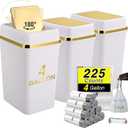 3 Pack Bathroom Can with Lid 4 Gallon Small Can with Swing Lid White and Gold Bathroom Garbage Can with 225 Counts Bags for Kitchen Bedroom Office