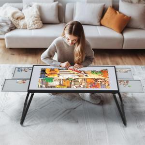 Puzzle Table 1500pcs,Foldable Puzzle Table for Storage with 4 Drawers, Metal & Plastic Frame,U-Shaped Legs, Grey & Black, 15.35 Inch Height