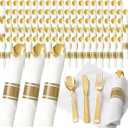 200Guests Pre Rolled Gold Plastic Silverware Sets - Heavy Duty Gold Cutlery - Include 200 Pack Wrapped Disposable Utensils with Napkins for Parties & Dinners & Weddings