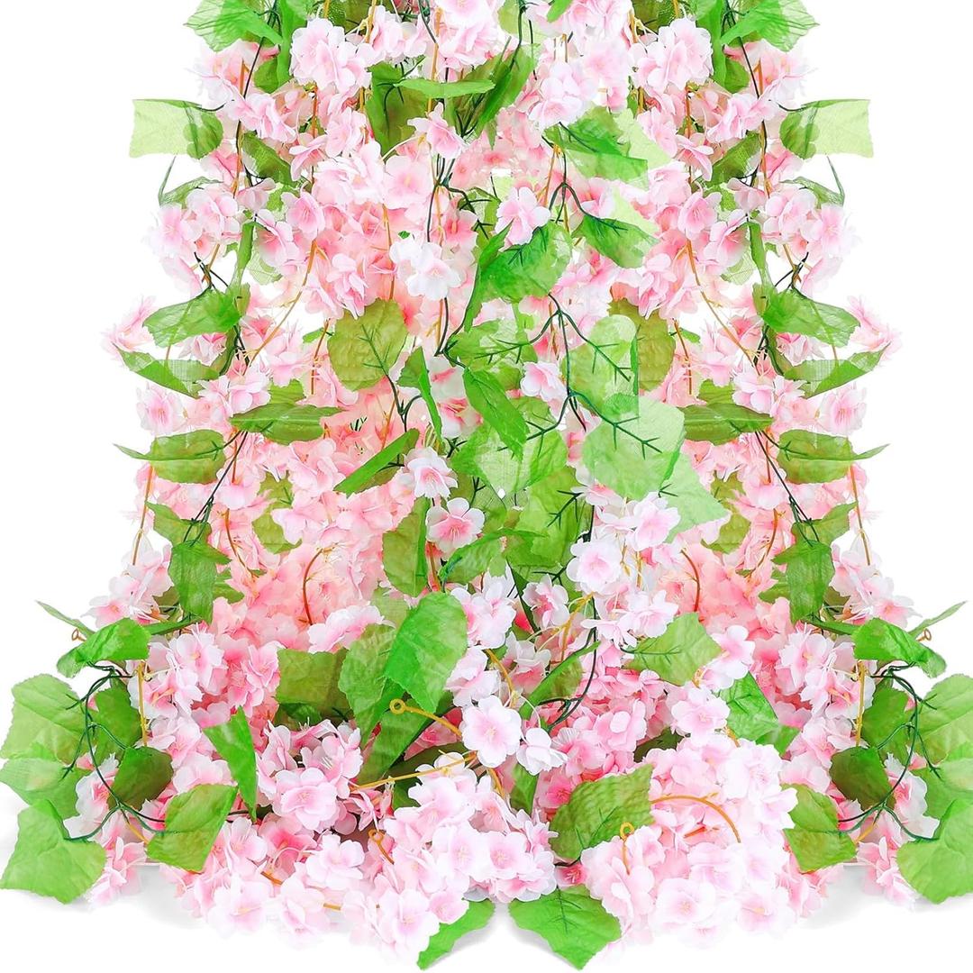 HOMIEE 6PC 50.5FT Cherry Blossom Flowers Garland with 2 Pack Grape Leaves, Silk Cherry Blossom Vines Greenery Garland for Wedding Party Table Fireplace Bedroom Wall Room Decor