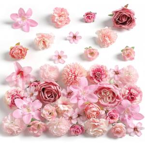 rongflower Fake Flower Heads for Crafts - Pink Silk Artificial Roses, Peonies, Daisies & Mini Floral Heads Bulk (48-Pack) for Wedding Decor, Graduation Cap, Cake Topper, Baby Shower, Home Decoration