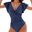 Blooming Jelly Womens Tummy Control Swimsuit Vintage One Piece Bathing Suits V Neck Ruffle Modest Swimwear(Medium, Haze Blue)