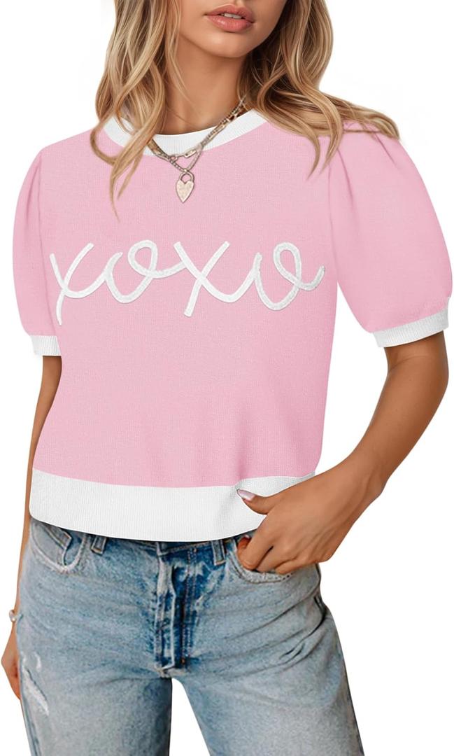 Womens Puff Short Sleeve Sweater Casual Cropped Knit Shirts Cute Valentines Pullover Jumper Tops (X-Large, Pink)