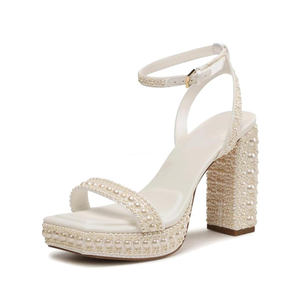 Goolita Womens Open Toe Pearl Platform Heels For Women Chunky Buckle Ankle Strap Wedding Heeled Sandals Dress Evening Bride Bridal Shoes
37