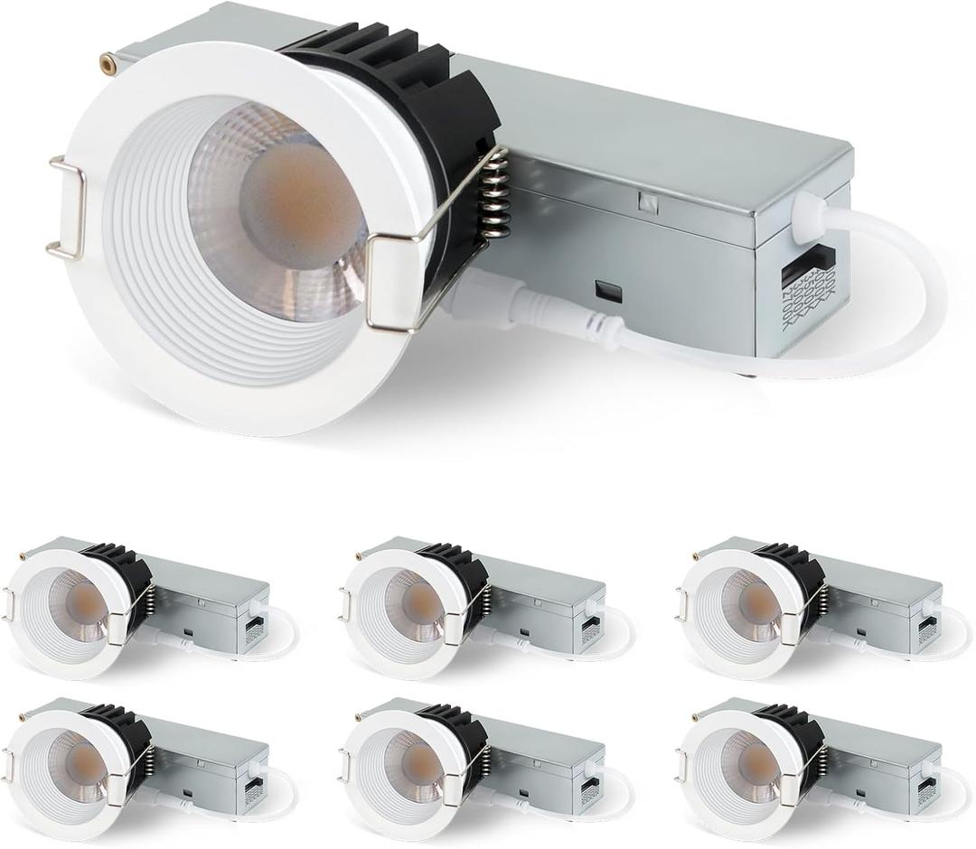 Aosclex 2 Inch 5CCT Anti-Glare LED Recessed Lights with Jbox, 2700K/3000K/3500K/4000K/5000K Selectable, 8W 840LM CRI90+, Dimmable Canless Downlight, Waterproof Light Fixtures, ETL & FCC White, 6 Pack