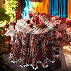 SUTAVIA Red Boho Tablecloth Pompom Tassel Table Cloths Exquisite Bohemian Table Cover Rustic Farmhouse Table Cover for Home Holiday Banquet Dining Room Decor(Red, 60" Round)