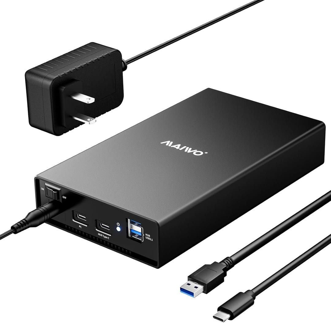 MAIWO External Hard Drive Enclosure(6Gbps) with Hub Expander for 3.5 2.5 Inch SATA SSD HDD USB C to SATA III with UASP, 1 Port USB C Hub/2 Port USB A 10Gbps Hub,Compatible with Seagate Samsung Xbox