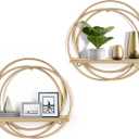 Oakrain Small Floating Shelves Set of 2, 11" Gold Wall Mounted Hanging Shelf with Metal Frame Wood Round Wall Shelves for Storage, Living Room Decor, Bathroom, Kitchen, Bedroom, Office