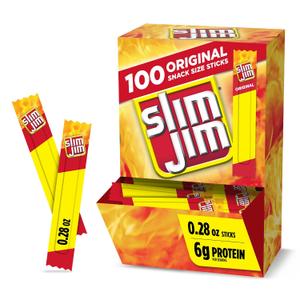 Slim Jim Smoked Meat Sticks, Original Flavor, 6g Protein Per Serving, Snack Size, Lunchbox Snack, 0.28 oz. (100 Count), Best By SEP 09/2025