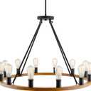 Kira Home Homestead 36" 12-Light Large Rustic Farmhouse Wagon Wheel Chandelier, Round Kitchen Island Light, Textured Black Accents + Warm Oak Wood Finish