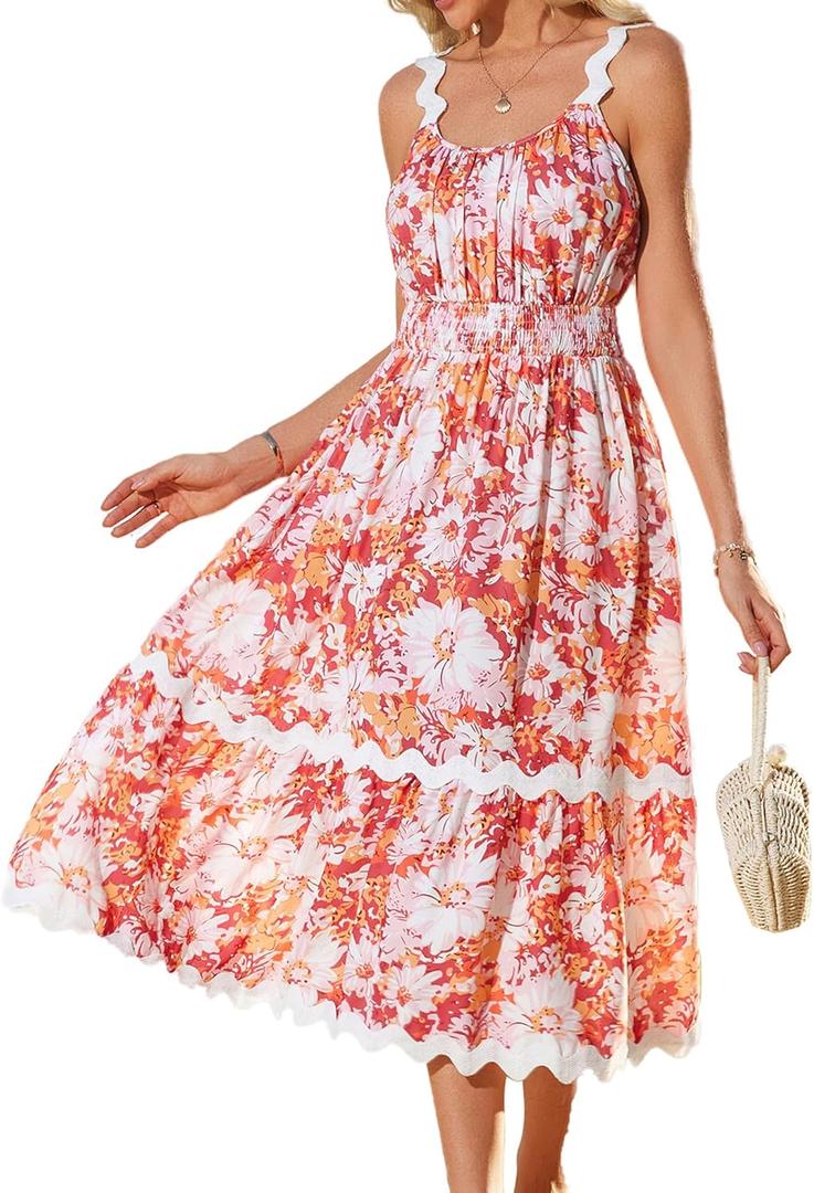 GRACE KARIN Womens 2025 Summer Floral Dress Casual Spaghetti Strap Flowy Outfit RIC Rac Trim Sundress Beach Midi Clothes (XX-Large)