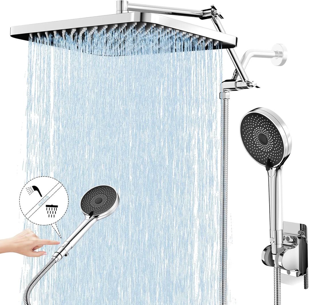 13" Rainfall Shower Head with Handheld Combo, Dual Waterfall Showerhead Button Switch by Handheld, Rain Shower head with 3-Modes Wand, Adjustable Extension Arm, 71 Inches Stainless Steel Hose(Chrome)