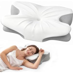 Cervical Memory Foam Pillow for Neck Pain Relief, Ergonomic Contour Pillow for Side, Back and Stomach Sleepers, Cooling Removable Breathable Pillowcase, Dual-Height Design, Queen Size