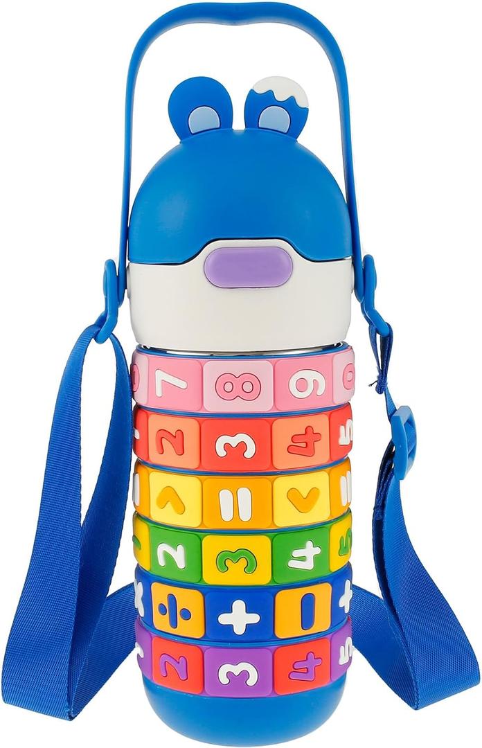430ml Kids Insulated Water Bottle Stainless Steel Kid Cup with Silicone Straw Leakproof Water Bottle with Sealing Kid Tumbler with Handle Adjustable Shoulder Strap Cute Girls Boys Water Mug (Blue)