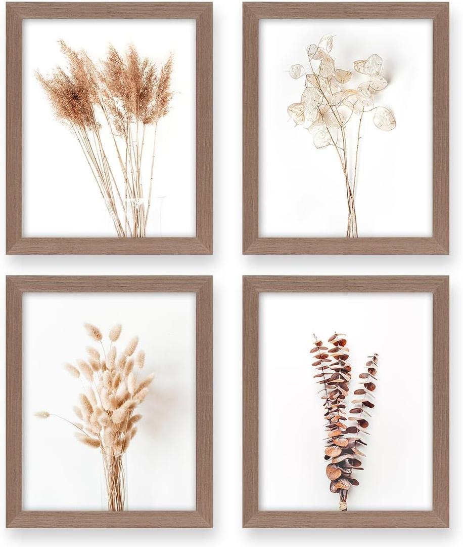 heilkee Boho Wall Art Pampas Grass Decor Fall Farmhouse Decorations Botanical Prints Beige Room Aesthetic Neutral Bathroom Kitchen Bedroom Set of 4(Brown Framed, 8x10in)