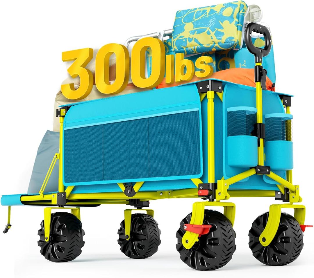 49" L Extended Extra Long Beach Wagon with Big Wheels for Sand, Collapsible Utility Beach Cart Heavy Duty Folding Wagon,Ideal for Outdoor Sand Camping Garden Pet (Green)