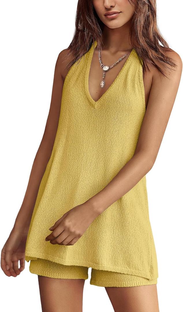 Panadila Womens Summer Two Piece Sets Beach Vacation Outfits Halter Neck Tank Top and Shorts Set Knit Lounge Clothes (Medium, Light Yellow)