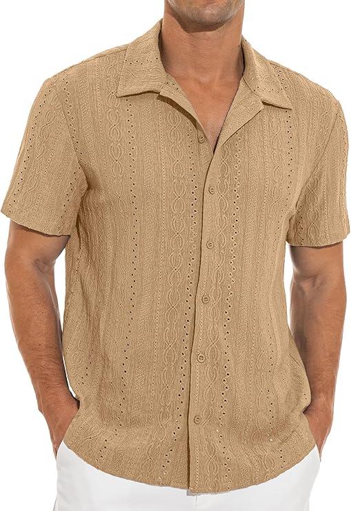 NITAGUT Men's Short Sleeve Shirts Casual Button Down Shirts Vacation Beach Summer Hollow Out Tops, Khaki, Small